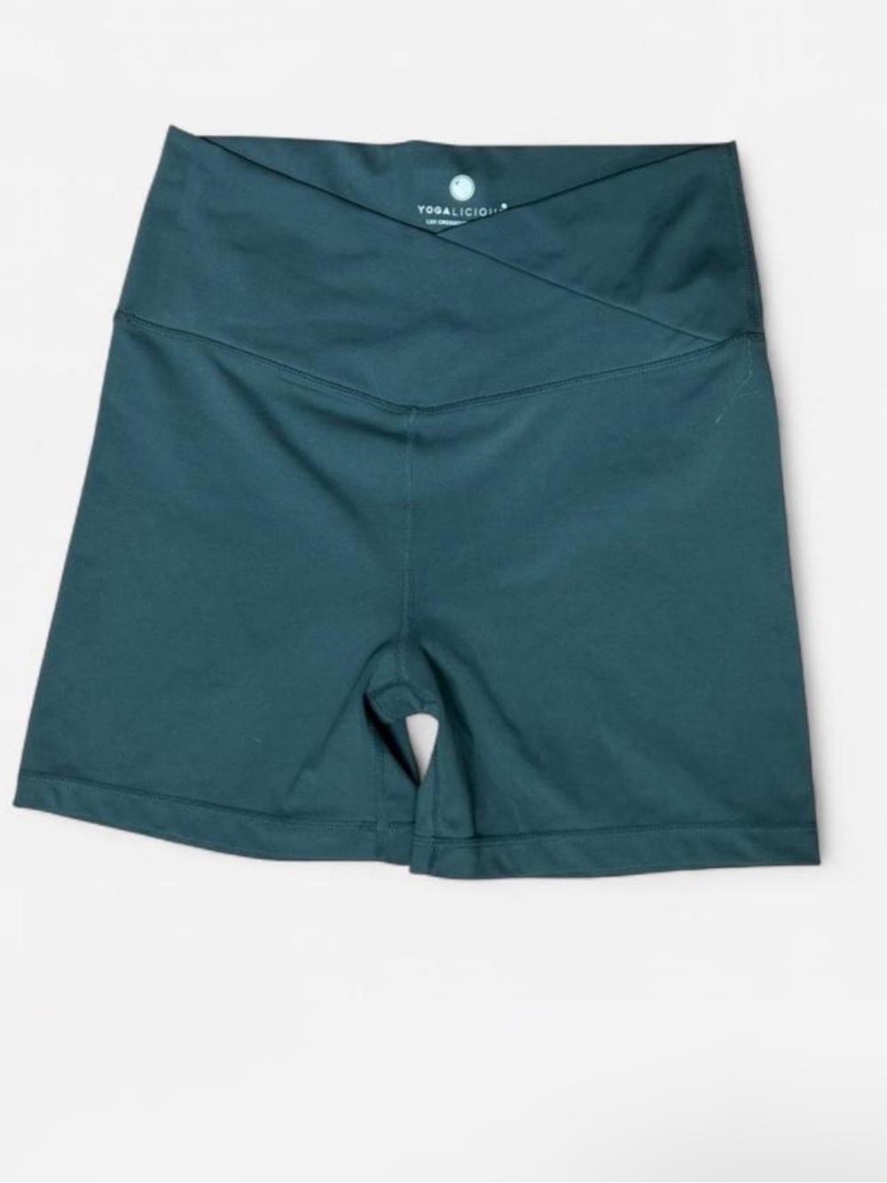Yogalicious Crossover Waist Bike Shorts in Teal Green